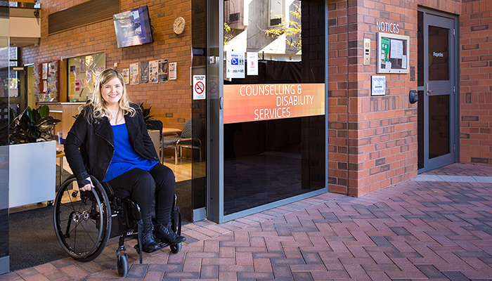A woman in a wheelchair at Curtin University’s Bentley campus in Perth (Source: Curtin University
