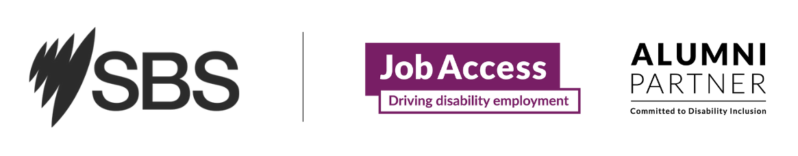 SBS logo, JobAccess Driving disability employment logo, ALUMNI PARTNER Committed to Disability Inclusion logo